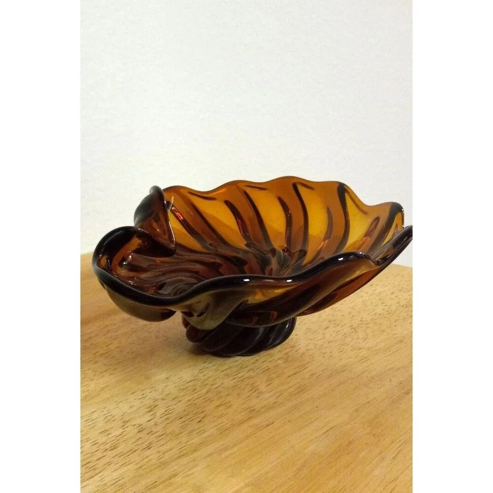 Vintage MCM Murano Style Amber Art Glass Ruffled Swirled Bowl /Catchall 8